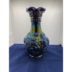 Carnival Glass Vase Iridescent Amethyst Grapes Leaves Vintage Decor